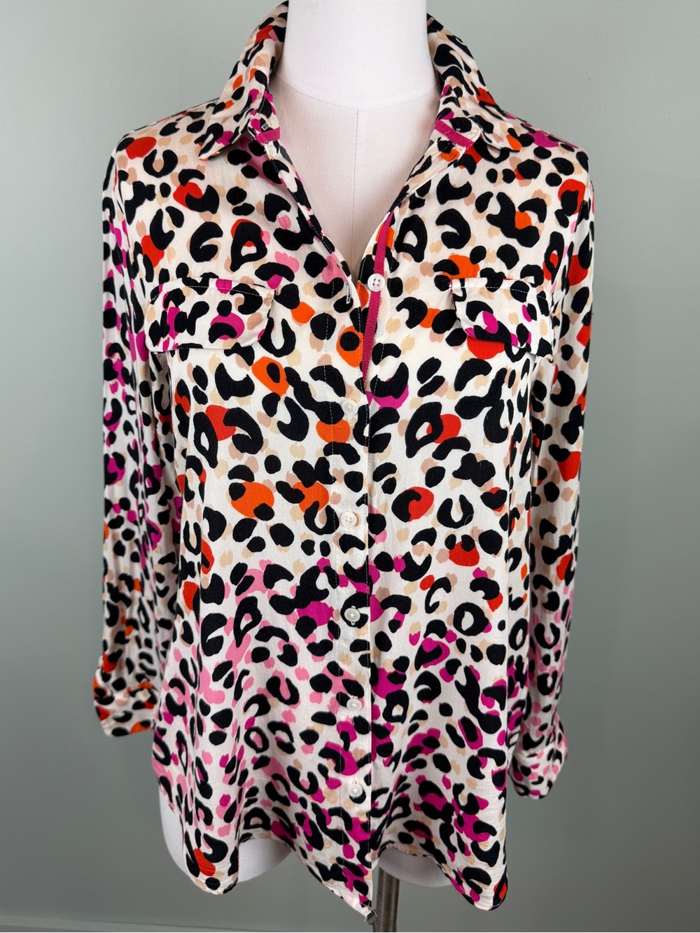 Chico's vibrant leopard animal print button up long sleeve Shirt size 1 or 8/10